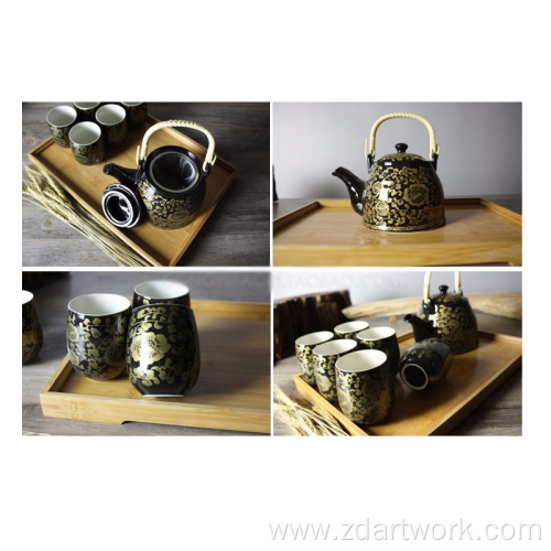 Chinese teapot suit black gold peony